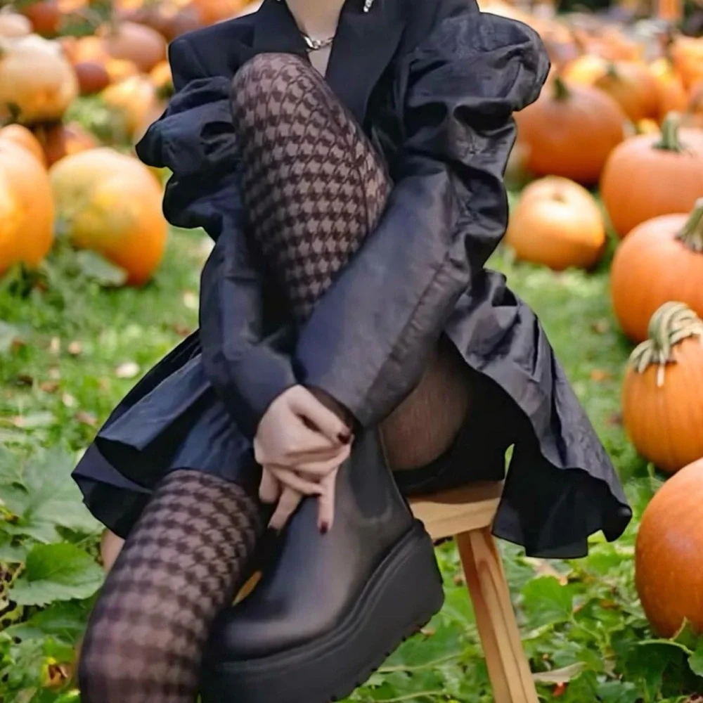 Houndstooth Black Pantyhose, High Waist Elastic‎ Footed Pantyhose One Size